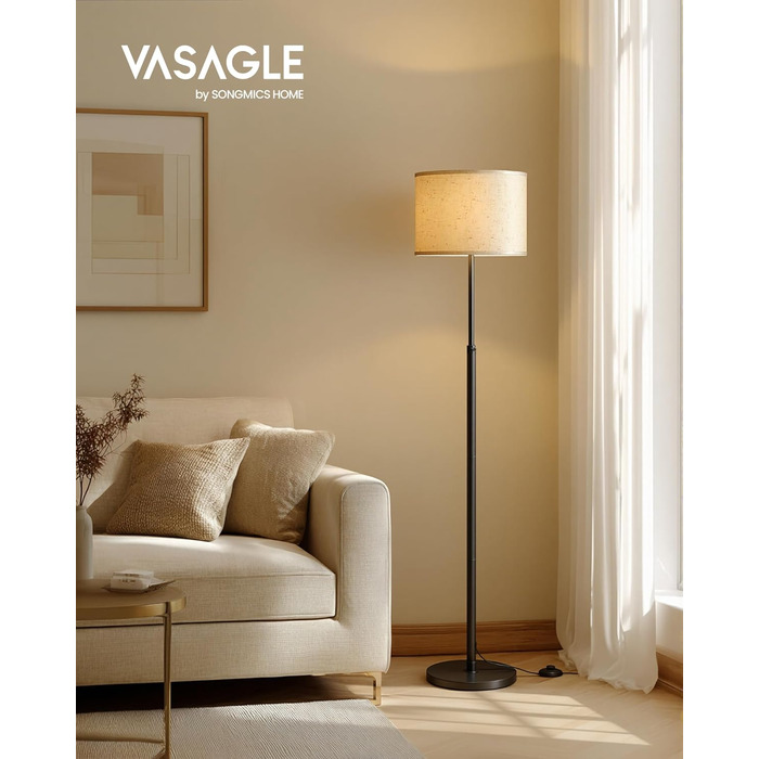 Світлодіодна торшер VASAGLE LFL002B02 з регульованою висотою, чорний/золотий, тканинний плафон, E27, з ножним вимикачем