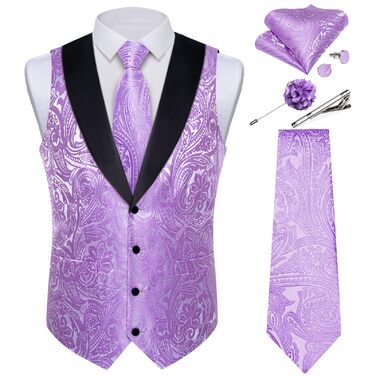 Костюм чоловічий DiBanGu 7-частинний: жакардовий піджак, жилет, краватка, кравецький комірець, сорочка, штани, для весілля, свят, мокінгу. Золотистий та чорний (S, Фіолетовий)