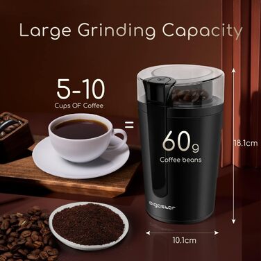 Електрична кавомолка Aigostar, 200W, без BPA, регулювання помелу, для кави, горіхів, спецій, зерна, чорна