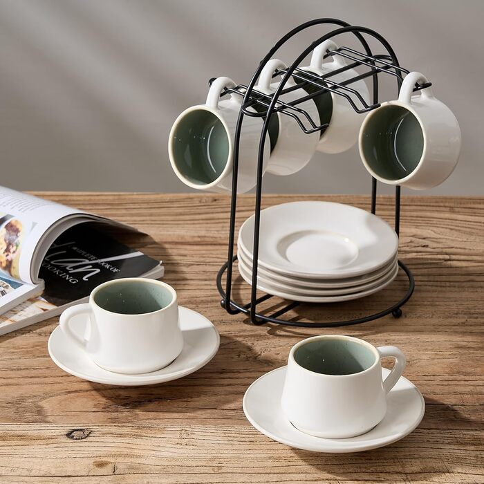 Набір керамічних чашок та підставок для кави з металевим стійкою (6 шт.), 130 мл - Cappuccino, Espresso, Latte, Americano, Чай, чорний колір