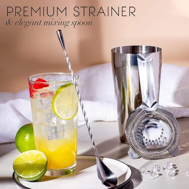 Cocktail Shaker Set - Stainless Steel Shaker in Boston Style | Rich Accessories for Easy Handling | Bonus Recipe Book, Elegant Gift Box & Storage Bag (Black)