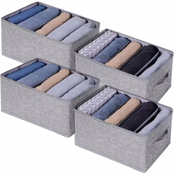 4 Piece Closet Clothes Organizer with Support Board, Foldable Jeans Organizer for Drawers, Washable Compartments, Closet Organizer and Storage Baskets for Jeans, 5 + 7 Grids, Grey (4 x 5 Compartments)