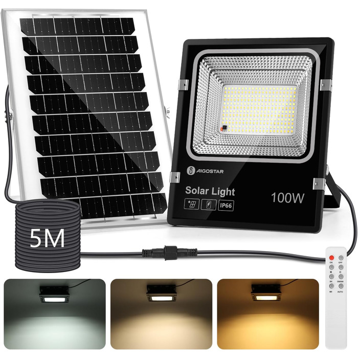 Aigostar Solar LED Floodlight Outdoor with Large Solar Panel, 5m Cable, Dimmable 3000K/4500K/6500K, 8000mAh, Large Battery Capacity, IP66, Solar Lamps for Outdoor Gardens, Solar Light with Remote Control