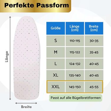 Чохол для прасувальної дошки 150x50 см - бавовна 100%, підходить для парової праски, посилена підкладка + гумка та фіксатор, XXL світлий / у горошок XXL