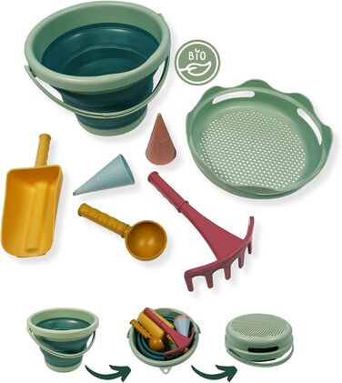 Schildkröt® 7in1 Sand Toys Set in Bio-Quality: Innovative sand-playing set with 6 tools made from sugar cane for digging, shaping, sifting, and raking, foldable 3-liter bucket