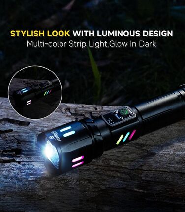 LED ліхтар Esgofo 500000 люменів, перезарядна, екстремально яскрава, 15 годин роботи, USB-C, дальність 1000м, регульований фокус та режими світла, для активного відпочинку та безпеки