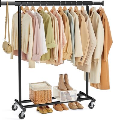 SONGMICS Clothes Rack with Wheels, Heavy-Duty Garment Rack, Extendable Clothes Rod, Load Capacity up to 100 kg, Easy Assembly, Portable, Black HSR13BKV1