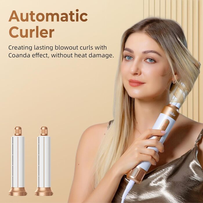 UKLISS Airstyler Pro 7-в-1: Фен, стайлер, завикучувач. Професійний набір для волосся з автоматичною завивкою, брашінгом та випрямленням. Зменшення пухнастості, без екстремального нагріву. Білий, золотий