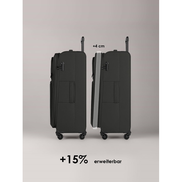 Набір валіз SMARTBOX 3 шт. для жінок та чоловіків | Легкі та міцні валізи-ролери, високоякісний softcase, 4 колеса та кодовий замок | Розширювані з деhnfalten (Edition 04) Чорний