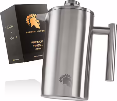 Barista Legends French Press Stainless Steel Coffee Maker 1 Liter - Double-Walled Thermal Coffee Press for Consistently Fresh Filter Coffee - Also Suitable as a Coffee Maker for Coffee While Camping! Matte Silver 1000ml