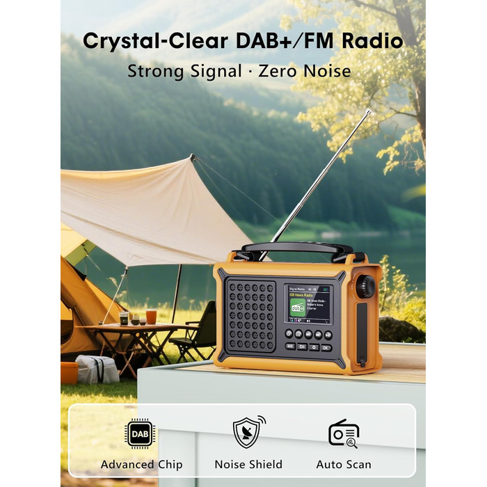 ROCAM Радіоприймач на ручку DAB+/UKW, портативне аварійне радіо з сонячною панеллю 8500 мм² та ручкою 650mA, цифрове радіо з Bluetooth, 2.4' кольоровий дисплей, 80 станцій, SOS, LED ліхтарик, USB, IPX6 для кемпінгу (Жовтий)