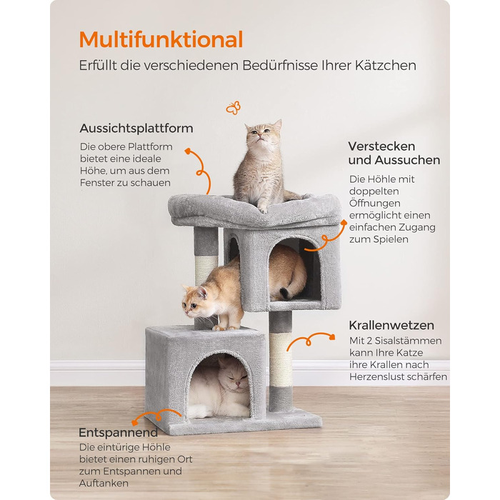 Драбина-кіготь Feandrea для котів, 67 см, будиночок для кошенят до 3 кг, велика платформа, сизалова колонка, сірий колір, PCT611W01