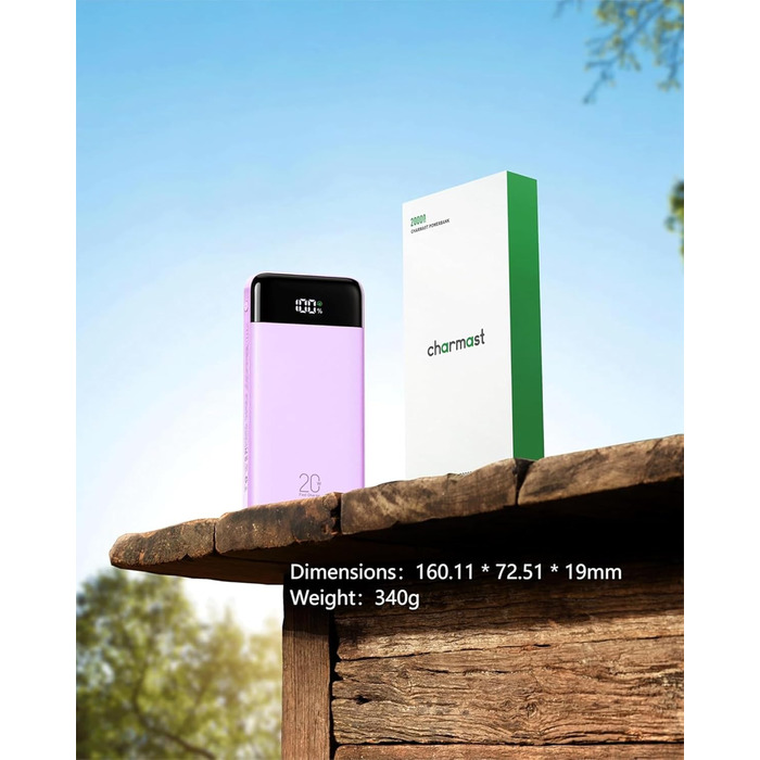 Power Bank Charmast 20000mAh з LED-дисплеєм та 4 кабелями (USB C PD3.0 QC4.0), 6 виходів, сумісний з iPhone, Samsung, Tablet, фіолетовий