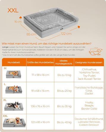 Ортопедичне собаче ліжко Feandrea для великих собак, вологостійке, знімний плюшевий чохол, 122 x 85 x 16 см, сірий (XXL)