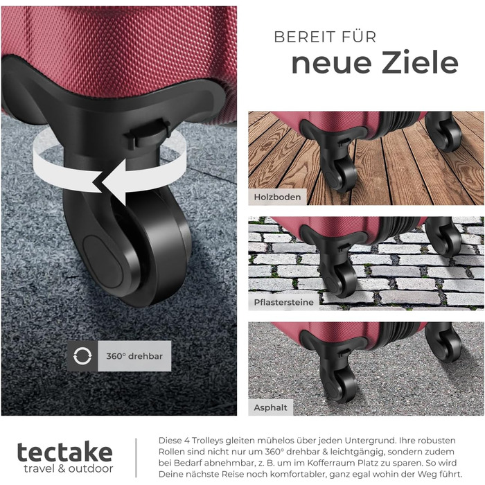 Набір валіз Tectake® 4 шт. з жорстким корпусом ABS, з колесами, телескопічною ручкою та замком, включаючи ваги та аксесуари для валіз. Розміри: S, M, L, XL (Бордовий)