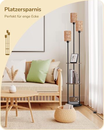 Стійка лампа EDISHINE для вітальні, вінтажна 3-лампова модель з полицею та абажуром з ротангу, 3 патрони E27, з лампочками, бохо-лампа з вимикачем на нозі для спальні та офісу, 178 см (Вінтажний коричневий)