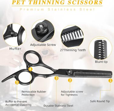 Професійні ножиці для грумінгу собак та котів: титанові, з округлими кінчиками, для грумінгу, з гребінцем (чорні)