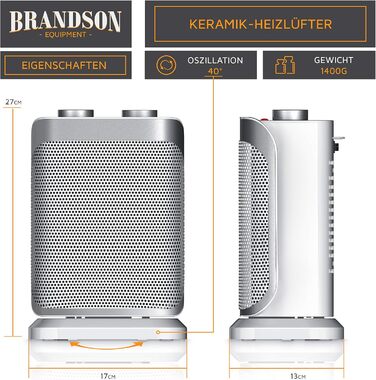 Електричний обігрівач Brandson 1500 Вт - тихий, енергоефективний, з керамічним нагрівачем, для ванної кімнати