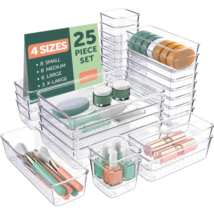 Ruboxa Transparent Drawer Organizer - 25 Pack, transparent plastic drawer organizers for home, organization and storage, kitchen, vanity, and office