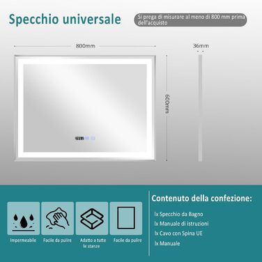 Дзеркало для ванної кімнати YU YUSING з підсвічуванням 60x80 см, протизапітніння, 3 кольори світла, регулювання яскравості, LED, годинник, IP44, металевий каркас, вертикальне, срібне