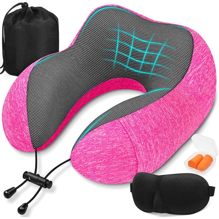 Подушка для шиї у літак - подушка для подорожей 100% Memory Foam - портативна подушка для літака - з 3D-маскою для сну та берушами - ідеальна для крісла літака, авто, дому, офісу, подушка для сну (Рожева)