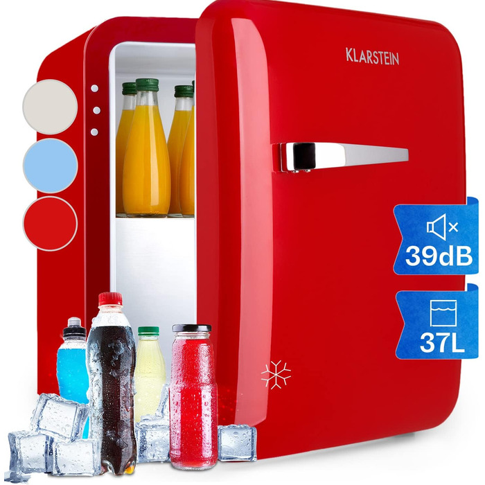 Klarstein Mini Kühlschrank з морозильною камерою 37л: компактний холодильник для напоїв та косметики, ретро-дизайн, тихий, для кімнати, 2в1, червоний, енергоклас E