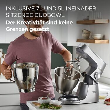 Кухонний комбайн Kenwood Titanium Chef Baker XL KVL85.424SI з вагою, 2 чашами, 1200 Вт, 4 насадки для випічки, скляний блендер, подрібнювач, сріблястий