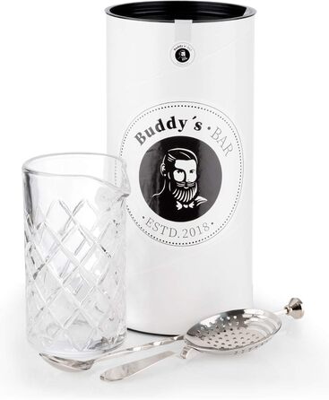Buddy's Bar - Mixing Set, Mixing Glass 500 ml, heavy-duty quality, 27 cm bar spoon, strainer/bar sieve, stainless steel highly polished, food-safe, dishwasher-safe, bar set including gift box