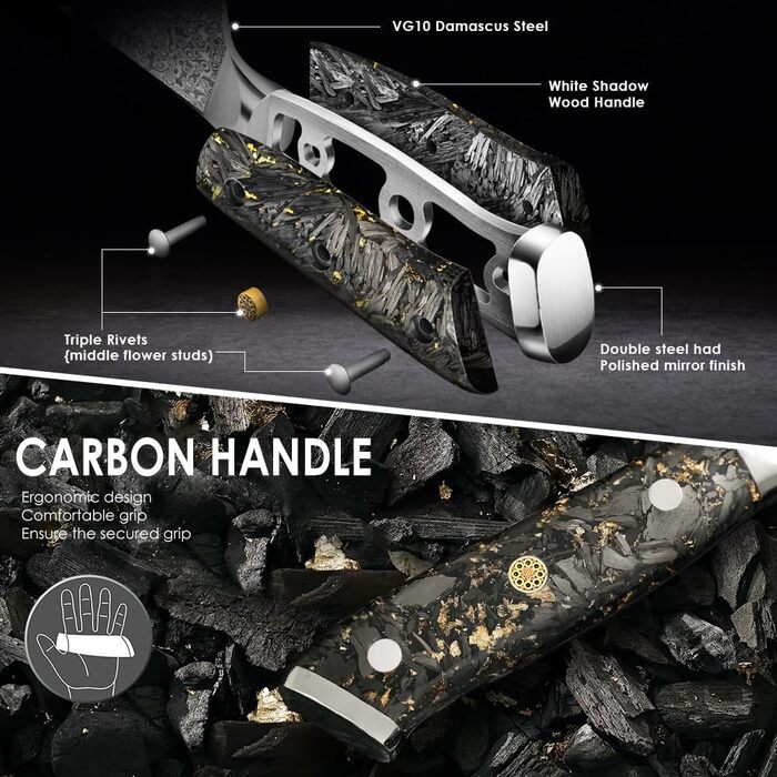 Японський ніж Kuchmesser Kyushublade з дамаської сталі (67 шарів), професійний, з унікальною ручкою з карбону та золота