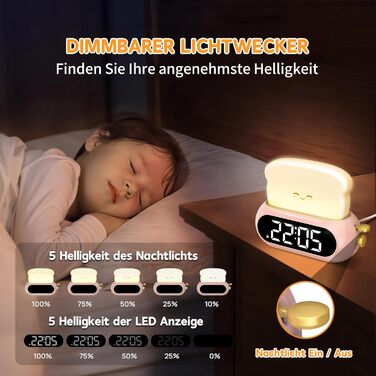 Kids Alarm Digital Clock, Children's Alarm Clock with Night Light, LED Display, 10 Ring Tones, 5 Brightness Levels, Timer, Snooze Function, Light Alarm Clock for School Beginners Girls Boys, Plug-in Power Adapter
