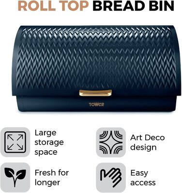 Хлібниця Tower Empire з кришкою-роликом, нержавіюча сталь та латунь, синій колір Midnight Blue