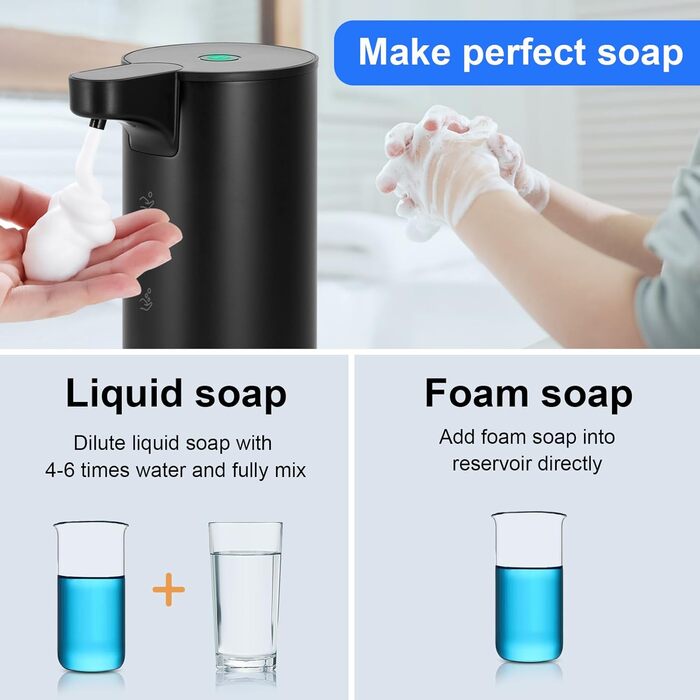 Automatic Soap Dispenser Stainless Steel Foam Soap Dispenser Electric - LAOPAO Soap Dispenser Set IPX5 Waterproof USB-C Charging with Sensor Infrared Motion Sensor for Kitchen & Bathroom (Black)