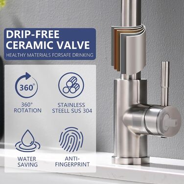 Висувна кухонна змішувач TIMACO з шлангом 360° з гнучким виливом, водопровідний кран для кухні, одноручний змішувач з водоспадом, шліфоване нікель