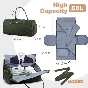 Сумка-мішок для одягу 2 в 1 для жінок, велика складана дорожня сумка Weekender з 6 органайзерами для одягу та відділенням для взуття, спортивна сумка для подорожей, ручна поклажа, чорна (3.grün, 50L)