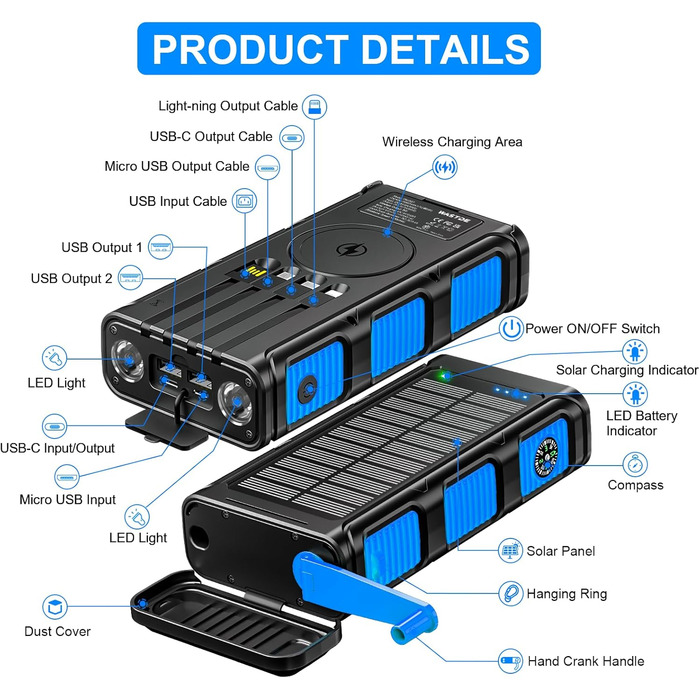 Сонячний Power Bank 26800 mAh з ручкою та 4 кабелями, USB-C, 7 виходів, 4 входи, для телефону, Outdoor, водонепроникний, зовнішній акумулятор для кемпінгу (Синій)