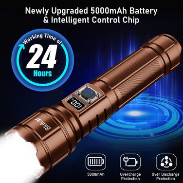 Ліхтар LED Blukar, перезарядна, надзвичайно яскравий, з функцією зуму, 5 режимів, водонепроникний IP67, для кемпінгу та активного відпочинку (колір: коричневий)