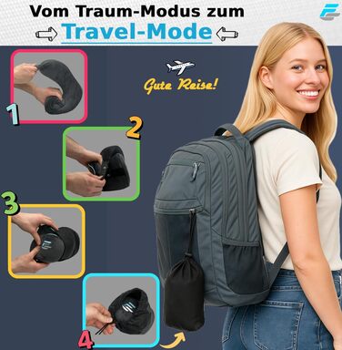 Подушка для шиї FS для літака та авто – Memory Foam з 360° підтримкою шиї – Регульована з кнопками – Дихаючий, м'який чохол – з мішечком – Сіра