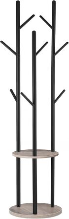 HOOBRO Coat Rack, Freestanding Clothes Rack, Tree-Shaped Wardrobe with 8 Hooks, 2 Round Shelves, for Clothes, Hat, Bag, Living Room, Bedroom, OfficeDark Brown-Black EBF33YM01G1 (Greige + Black)