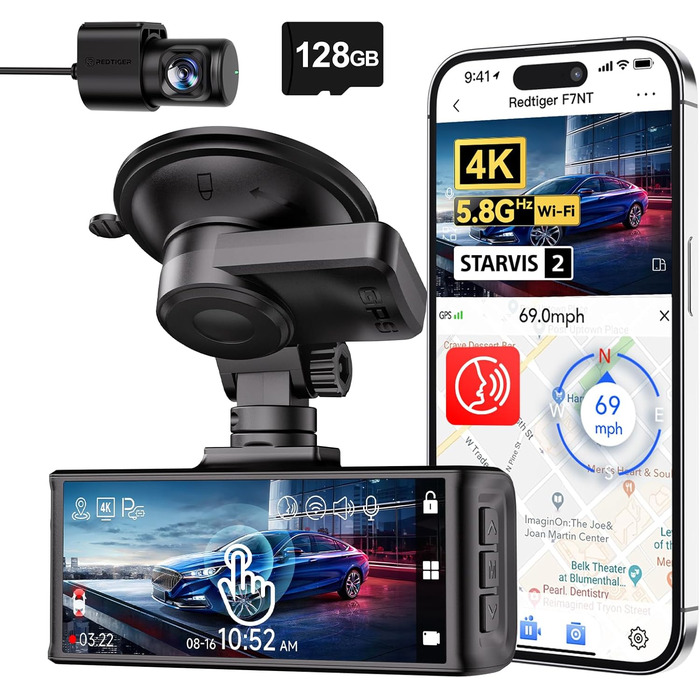 Відеореєстратор REDTIGER 4K STARVIS 2 з двома камерами, сенсорний екран 3.18