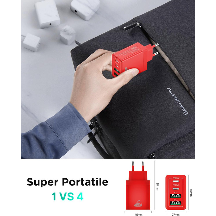 Зарядний пристрій USB-C 4-портовий 40W з Quick Charge для iPhone, Samsung та інших пристроїв (Червоний)