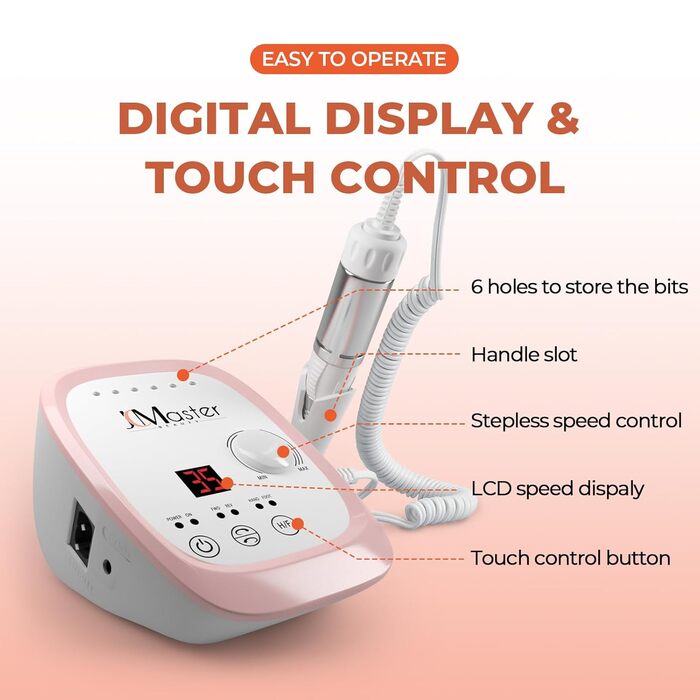 Nagelfräser JCMaster Profi: Електрична шліфувальна машинка для нігтів з педаллю, 35000 об/хв, 6 біт, сенсорне керування (Рожевий)