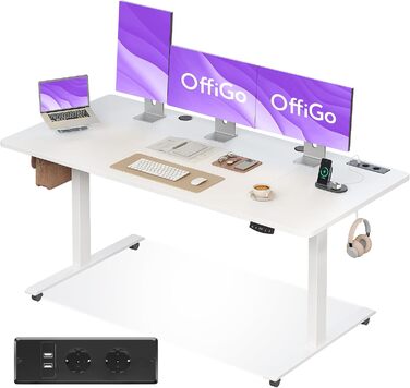 Регульований стіл OffiGo 160x70 см, електричний, з USB, 2 пам'яті, для офісу та дому, білий