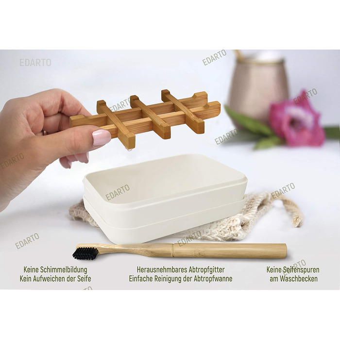 Миска для мила EDARTO® з бамбука з піддоном для стікання та кришкою – екологічна, з бамбука та кукурудзи + мішечок для мила з 100% натурального сизалю для пілінгу тіла