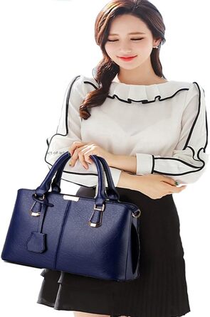 Сумка жіноча шкіряна (екошкіра) Shopper Damen темно-синя велика містка з ручками та ланцюжком