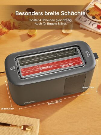 Тостер на 4 підсмажувальні слоти, 1400W, нержавіюча сталь, довгі слоти, 9 режимів підсмажування, 3 види хліба, функція відключення, розморожування та підігріву, сенсорне керування, з насадкою для бутербродів (сірий)