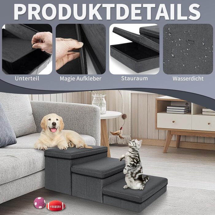 Сходинка для тварин Haustiertreppe: компактна складна сходинка для собак та котів, 3 сходинки, сіра, вантажопідйомність 30 кг