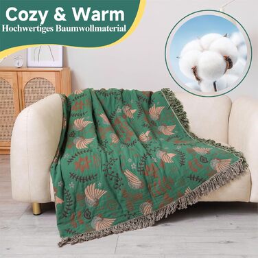 HOORDRY Boho Throw Blanket for Bed - 100% Cotton Ultra Soft Rustic Quilt - Bird Floral Printed Farmhouse Decor Bedspread, 200×230CM All Season Rustic Throw for Sofa Couch Chair Green Bird 200×230CM