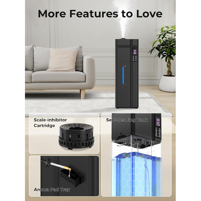 Зволожувач повітря великого приміщення 13л з аромадіфузором, 800ft², 100 годин роботи, автоматичне регулювання вологості, верхнє заповнення, тихий (35dB), режим сну, таймер 24 години