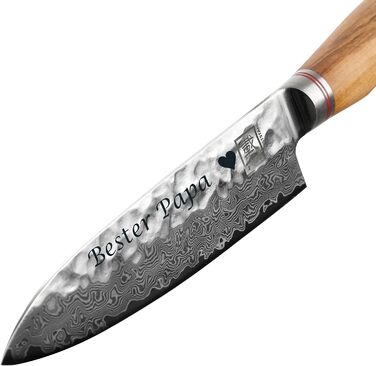 Японський ніж Zayiko Minami Premium з лезом 12 см з дамаської сталі 67 шарів, ручка з оливкового дерева, подарункова коробка | Кухонний ніж, ніж шеф-кухаря (сантоку, з гравіюванням)