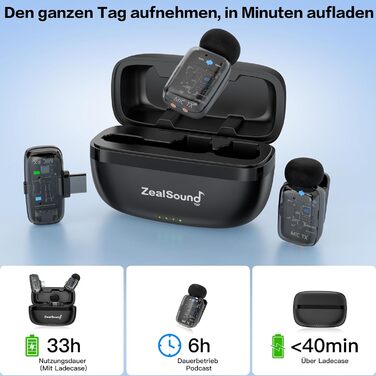 Мікрофон ZealSound M6 бездротовий для iPhone, Android, iPad: USB-C/Lightning, шумозаглушення, 33 години роботи, 100м, для Vlogging, TikTok, Podcast, YouTube, чорний/прозорий